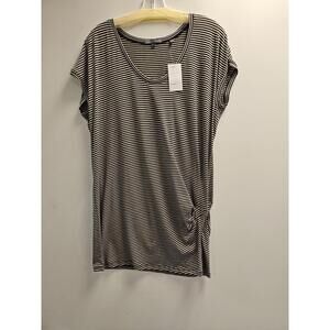 VINCE Women's White & Black Striped Cap Sleeve Knit Shirt Size M Ruched Front